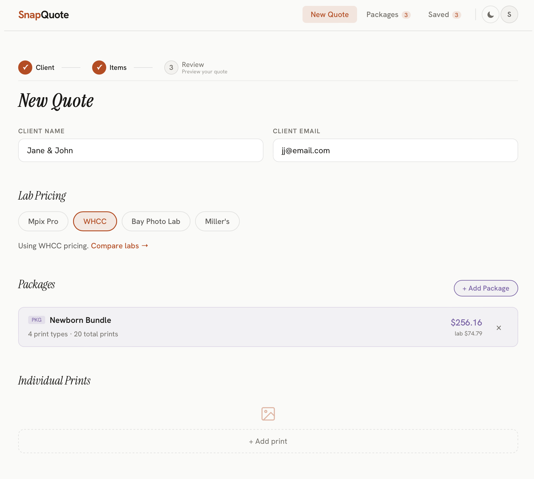 SnapQuote app — build print quotes with built-in lab pricing from WHCC, Bay Photo, Mpix Pro, and Miller's
