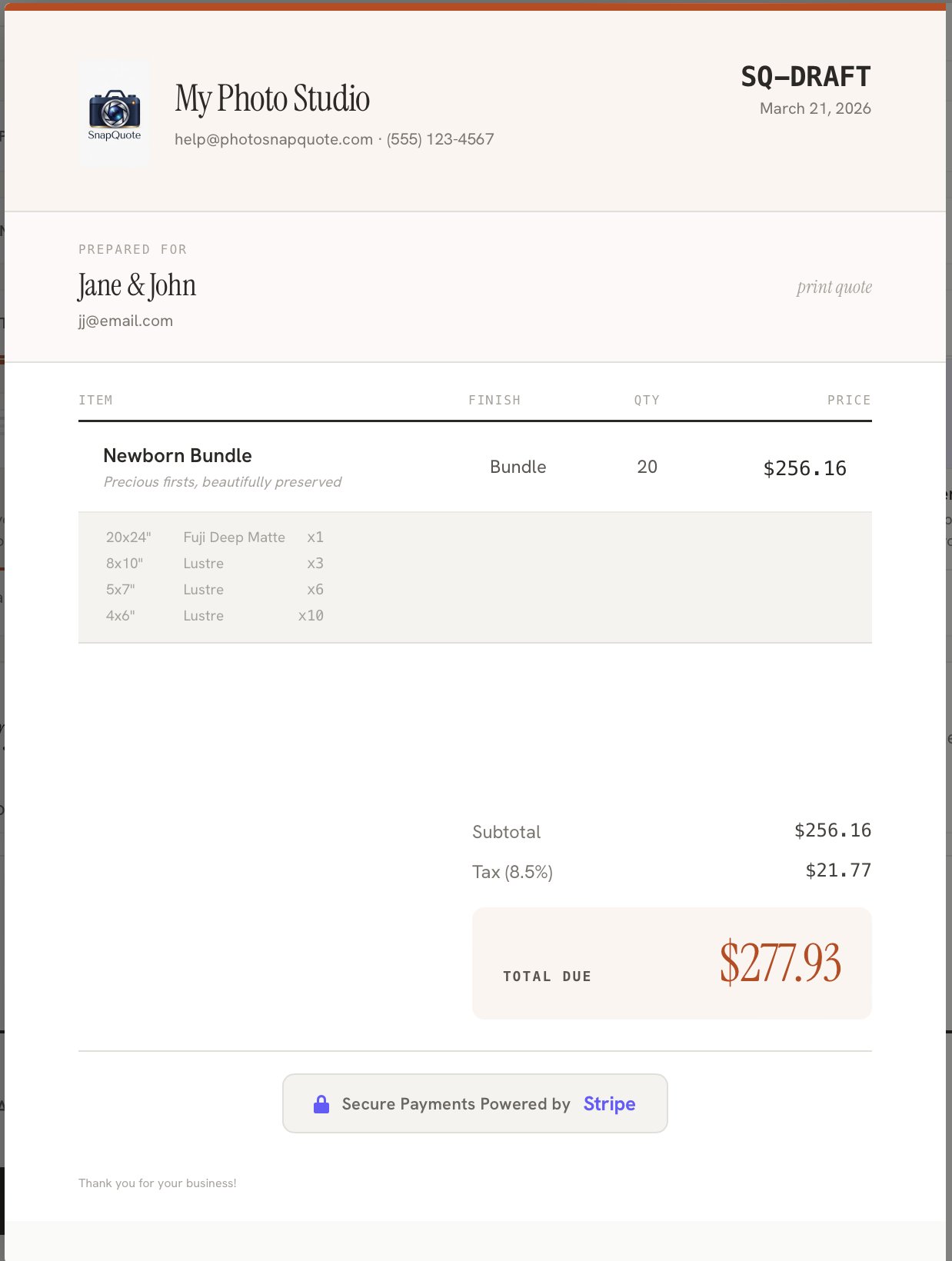 SnapQuote branded PDF quote preview — professional document your clients receive