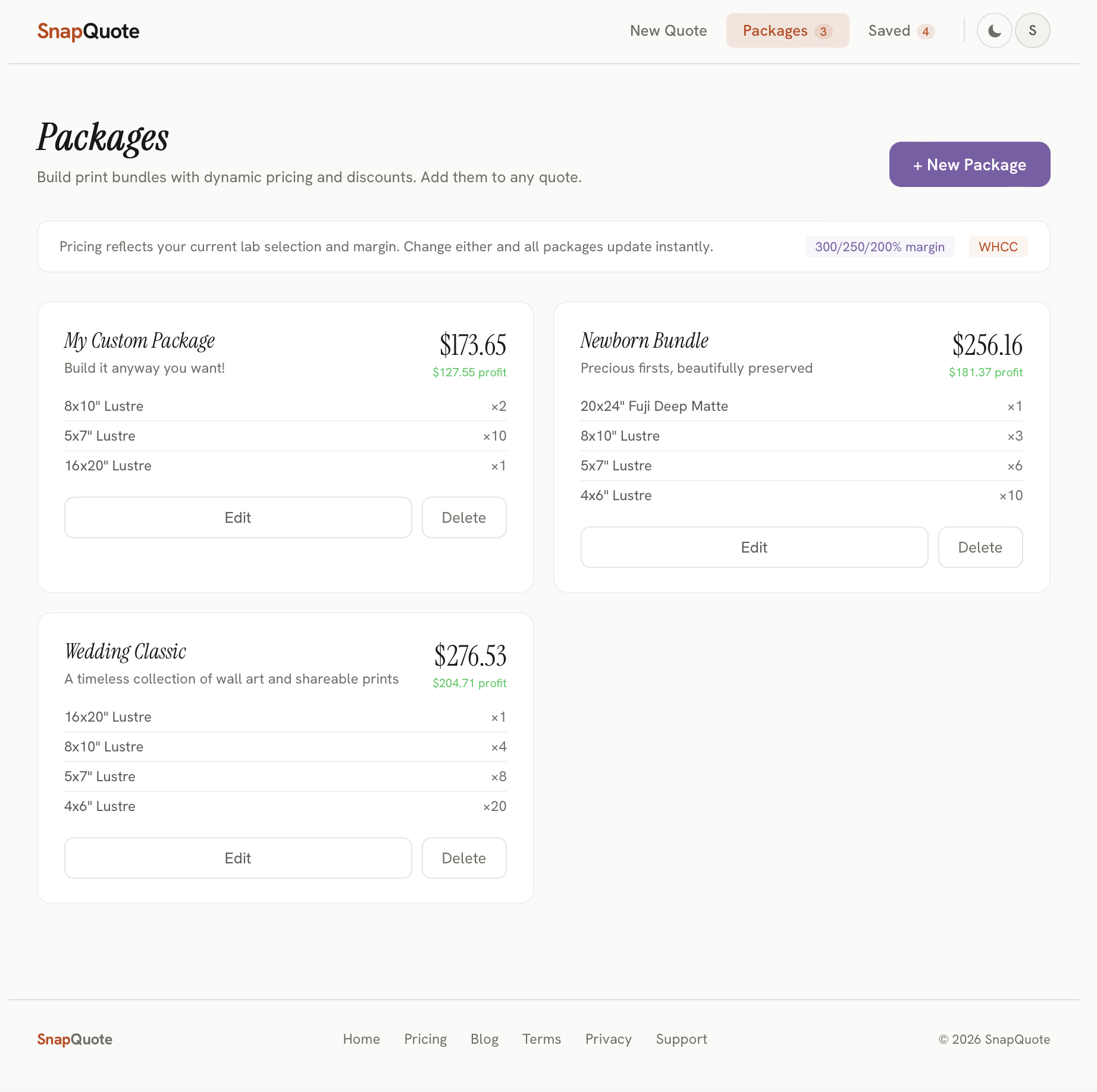 SnapQuote package editor — build reusable print packages with dynamic pricing and profit tracking