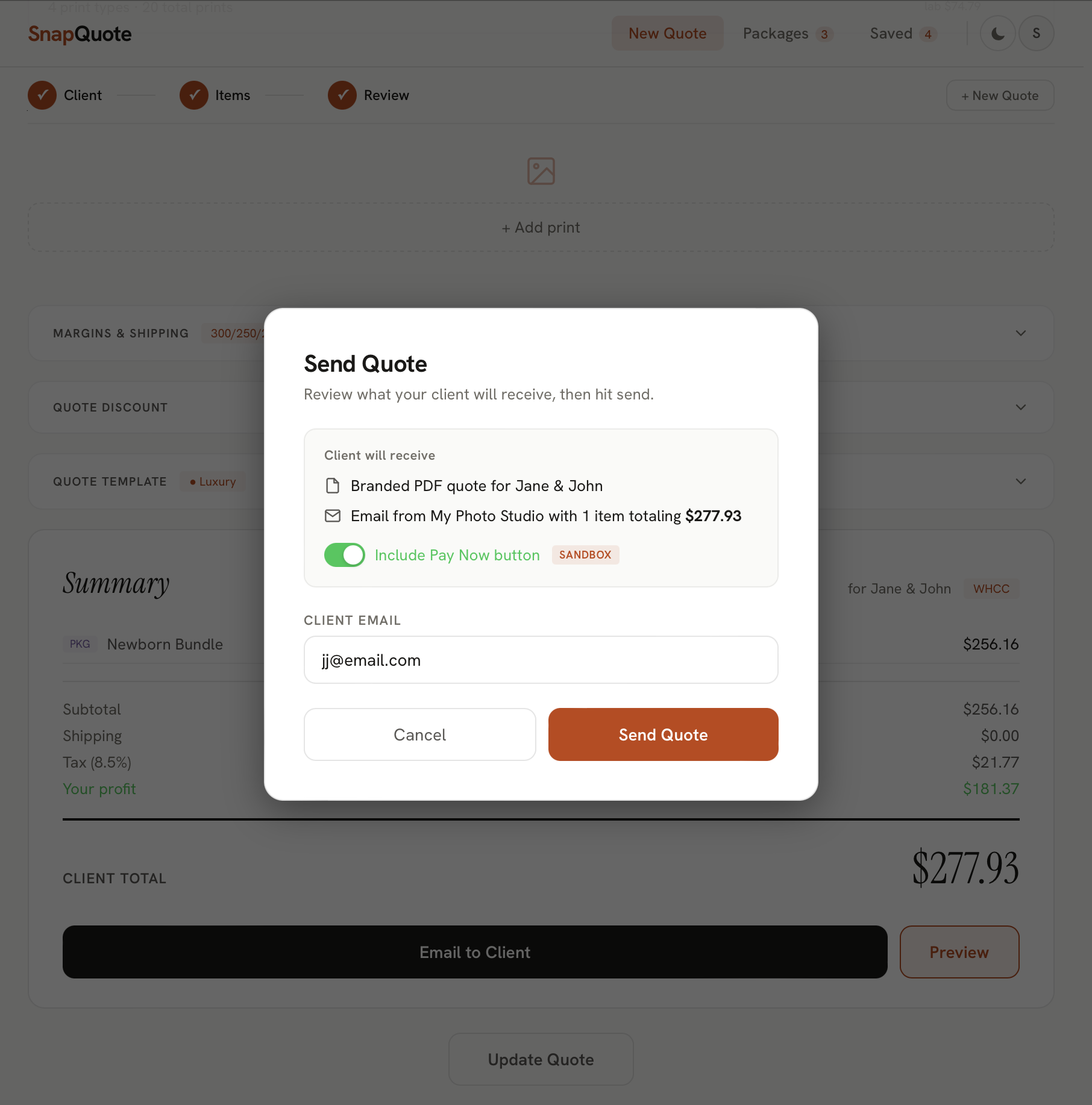 SnapQuote send quote modal — review and email branded PDF quotes with Stripe payment links