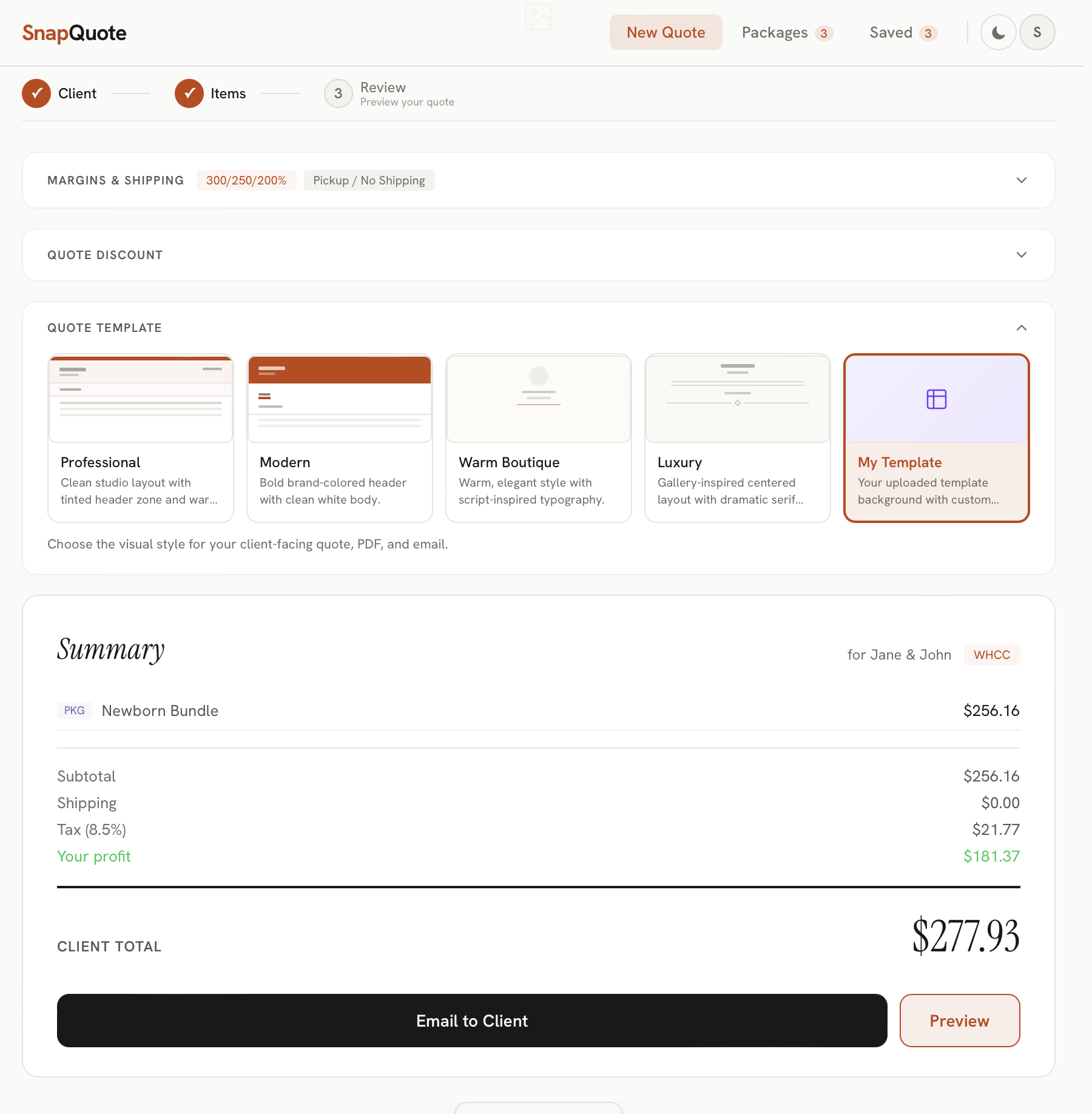 SnapQuote template selector — choose from five quote styles or upload your own custom template