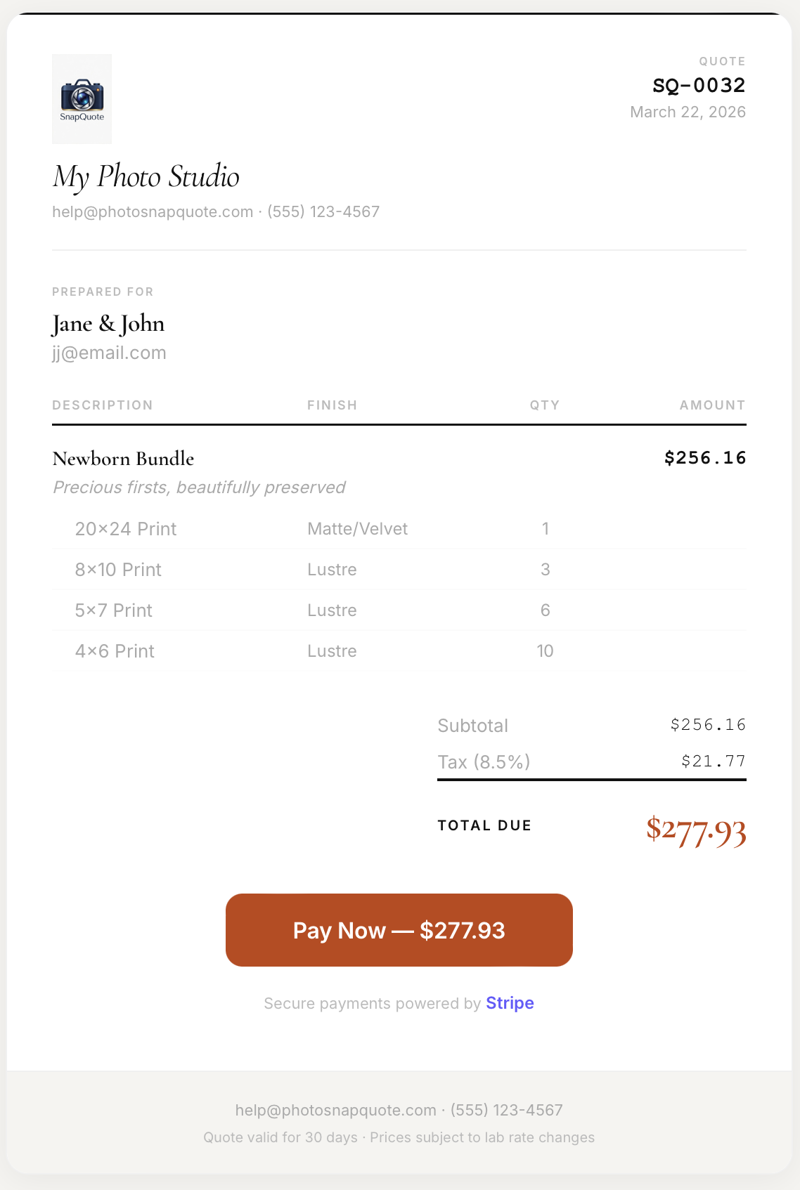 SnapQuote client portal — branded quote page with Stripe Pay Now button your clients see