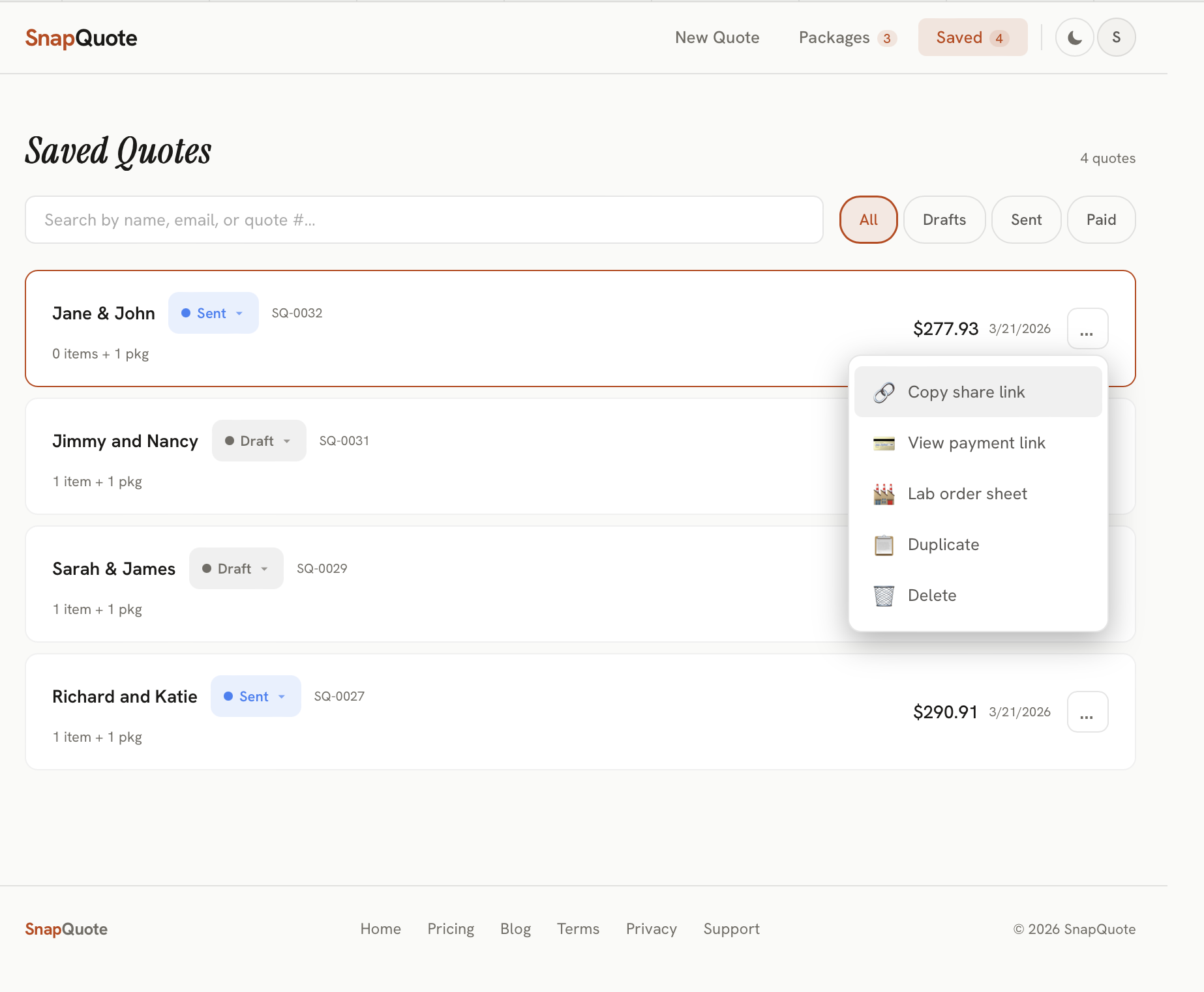 SnapQuote saved quotes — search, filter, and manage all your print quotes with status tracking